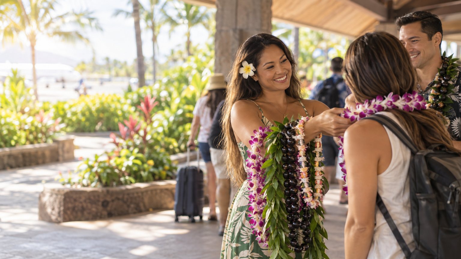 A Kauai lei greeter welcoming arriving travelers with orchid, kukui nut, ti leaf and flower leis
