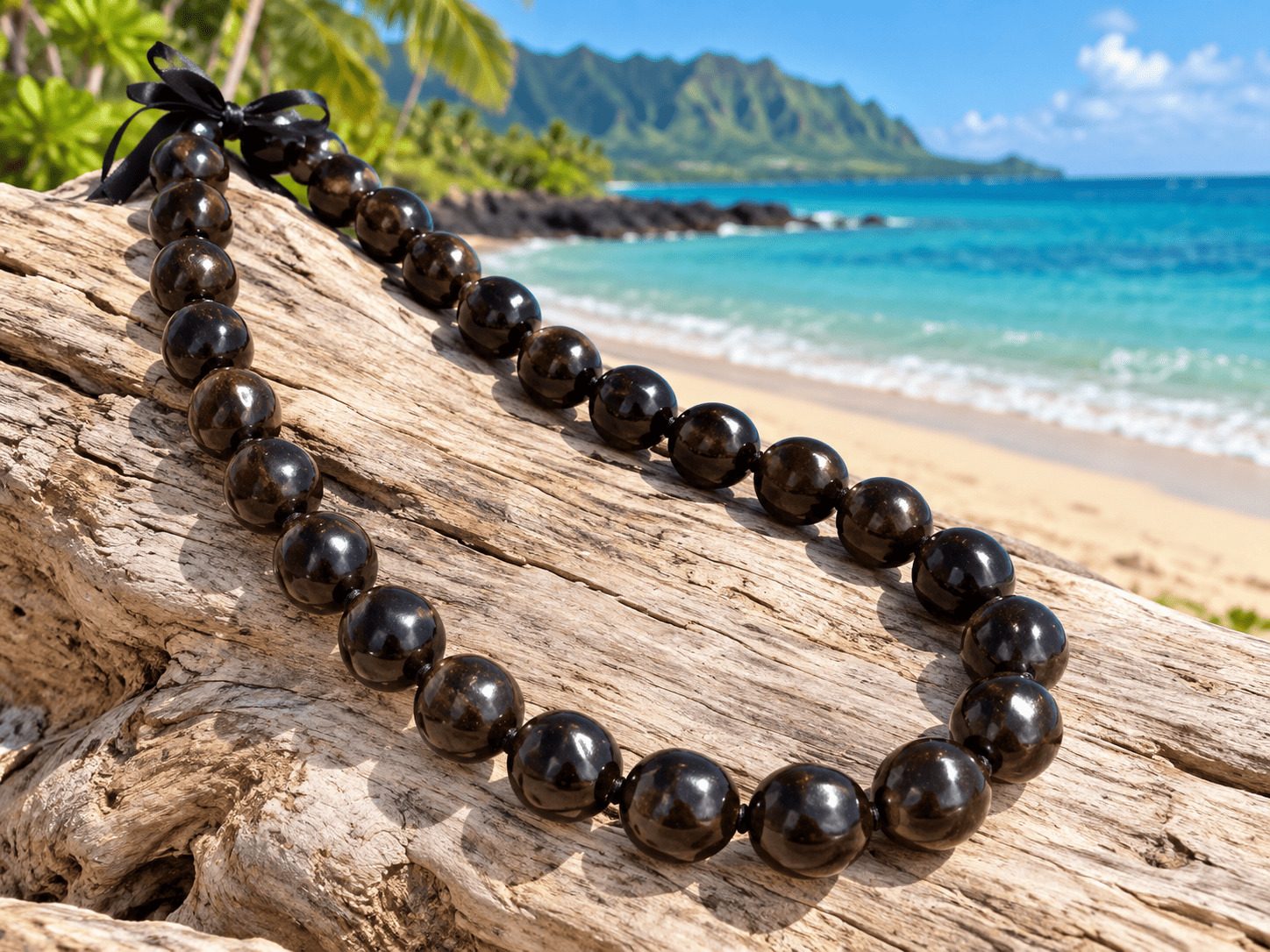 Glossy black kukui nut lei on driftwood