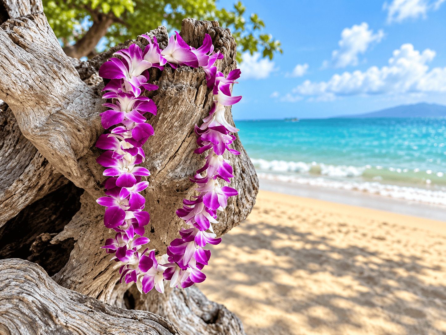 Purple and white orchid lei on driftwood